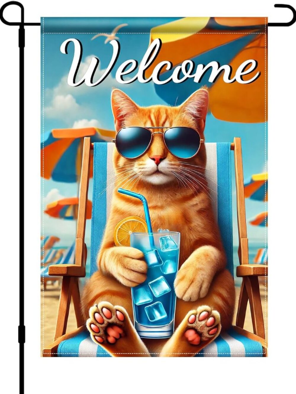 Hello Summer Beach Orange Cat Garden Flag 12×18 Inch Double Sided Summer Coastal